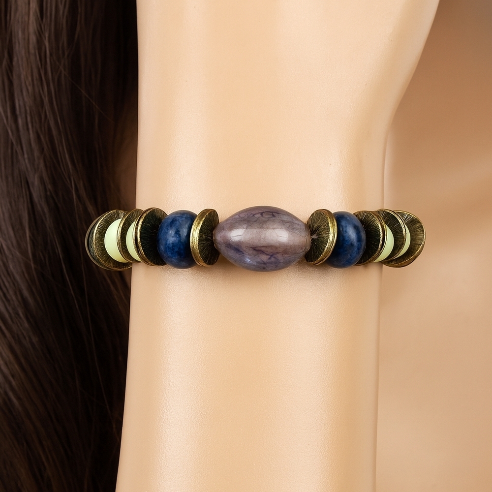 Antique Gold tone Discs Accents Amethyst Stone Colorful Beads Stretchy Bracelet